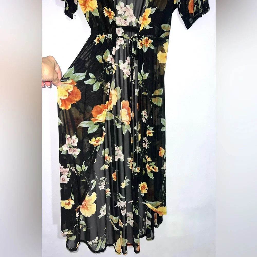 3rd + Malt black floral print sheer‎ duster cardigan cover-up with drawstring M